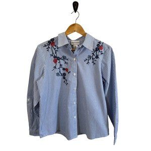 ✨ 5 For $15 ✨ Alfred Dunner Button Down Stripe Blouse Embroidered Flowers Shirt